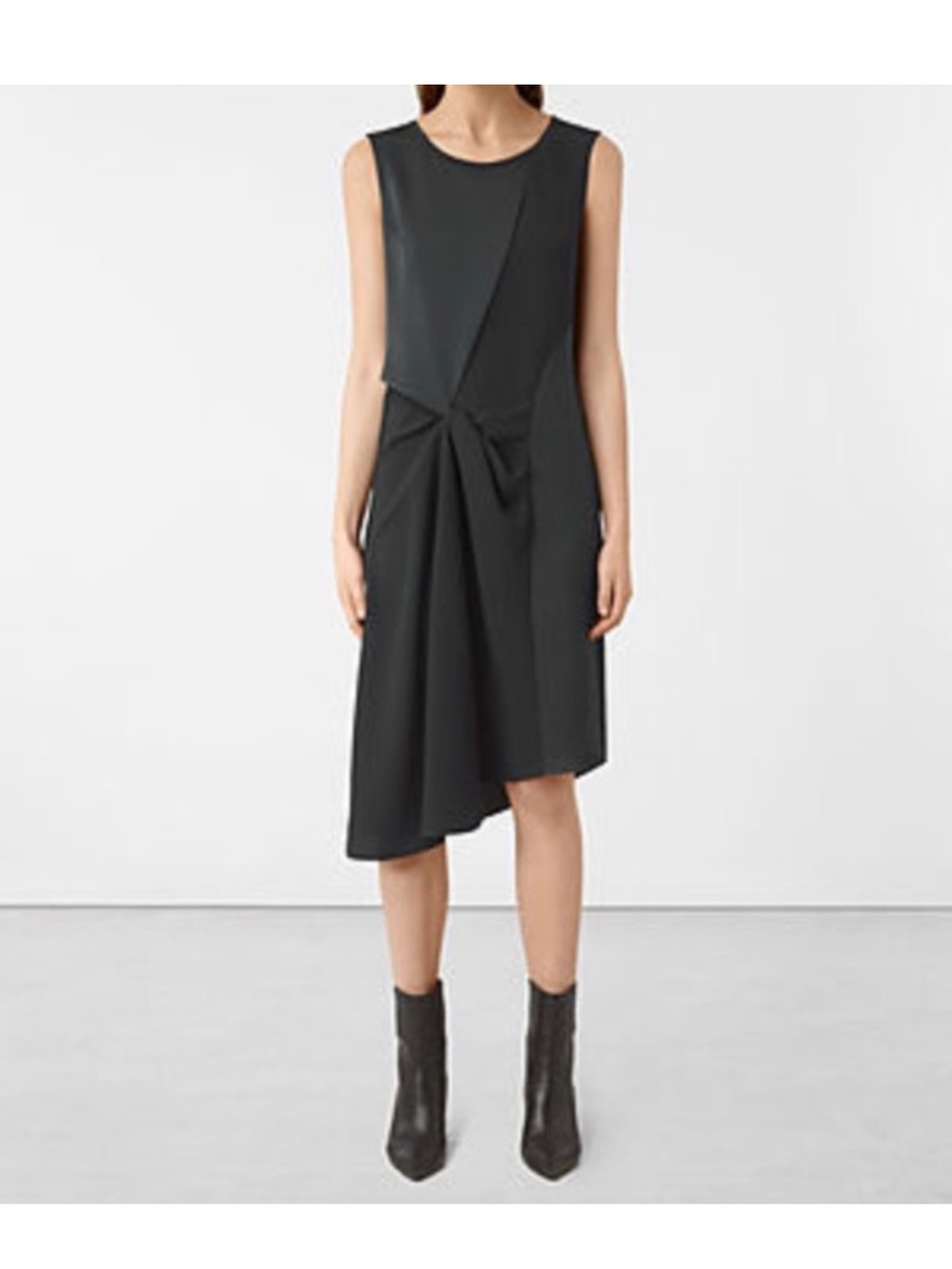 Allsaints | Fern Midi Dress Sleeveless Asymmetrical Hem Witchy Oil Black Size 6